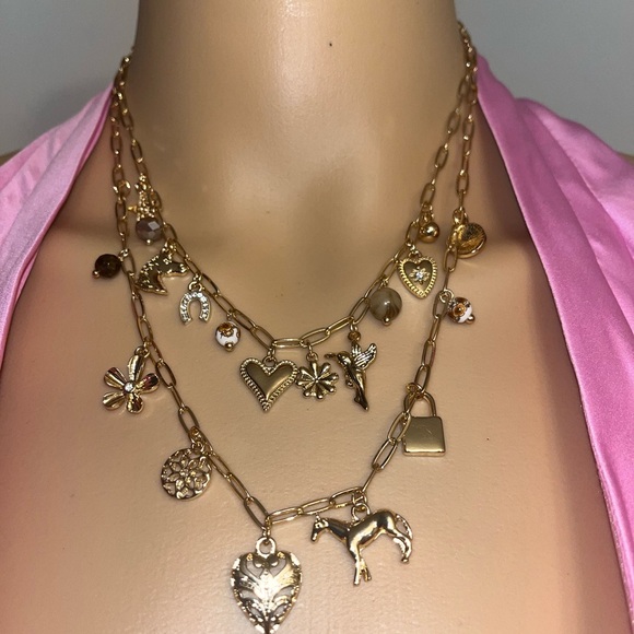 Francesca's Collections Jewelry - Francesca's Collections Gold Multi-Layer Charm Necklace with Hearts & Horse